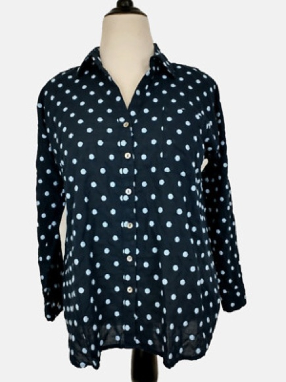 J. Jill Navy Button-Down Shirt with Light Blue Embroidered Polka Dots